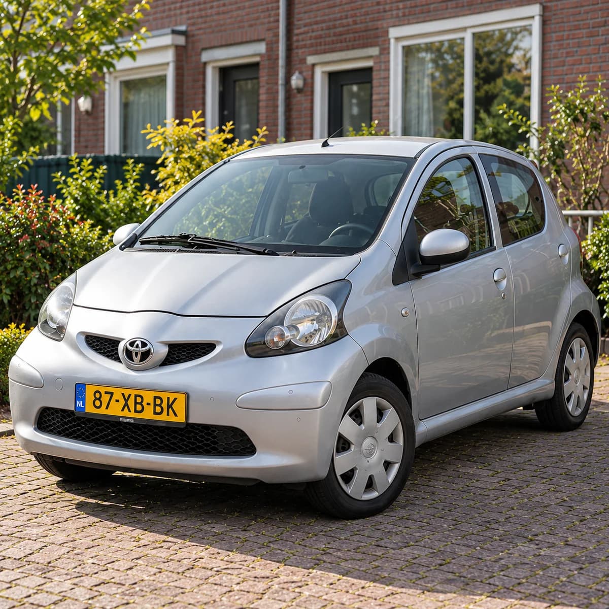 Een zilveren Toyota Aygo op een oprit in een Nederlandse woonwijk
