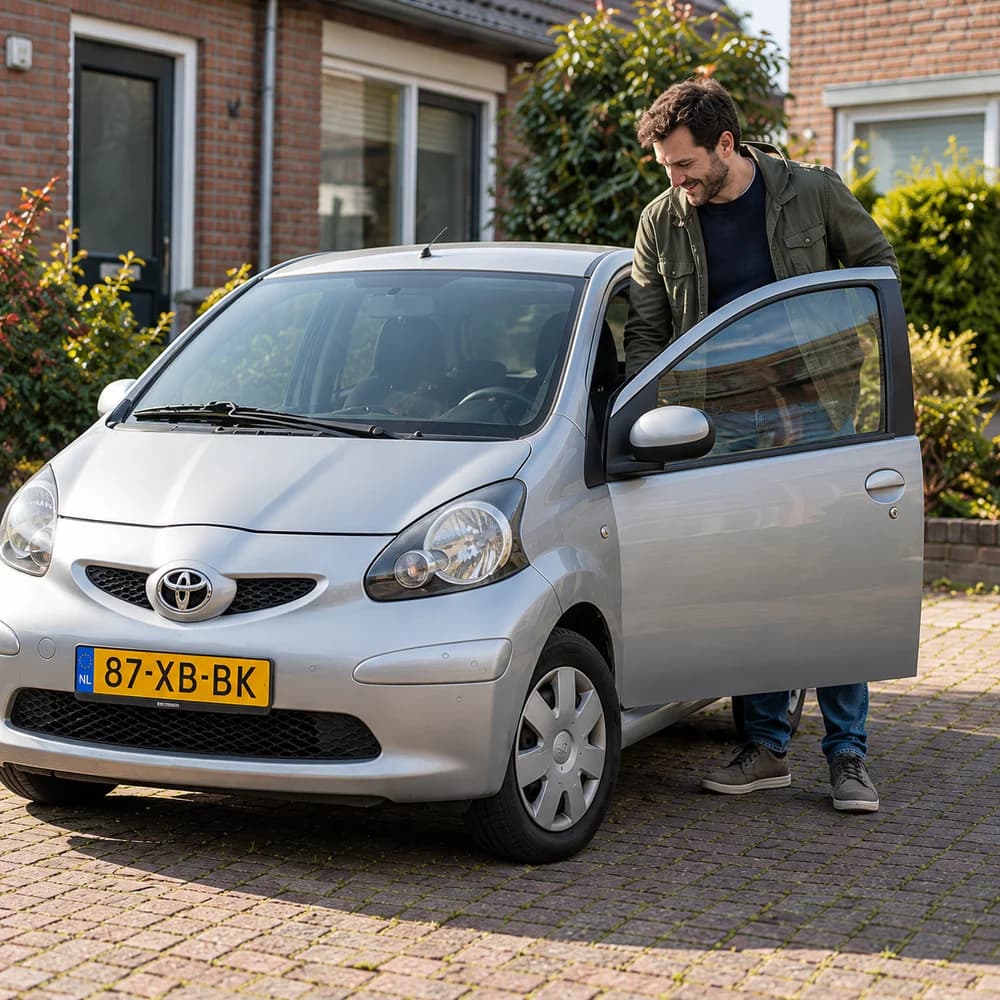 Een eigenaar bij zijn Toyota Aygo op de oprit